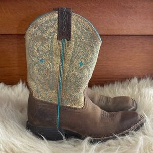 Ariat Kids QuickDraw Gold Sparkle with Teal Stitching Western Boots